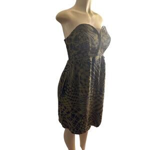 10 Anthropologie Maple Silken Stitches Strapless Green Print Dress 100% Silk